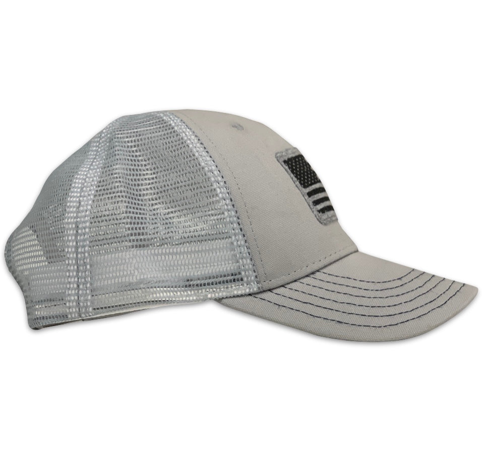 American Flag Patch Patriotic Made In USA Cloud GrayTrucker Hat