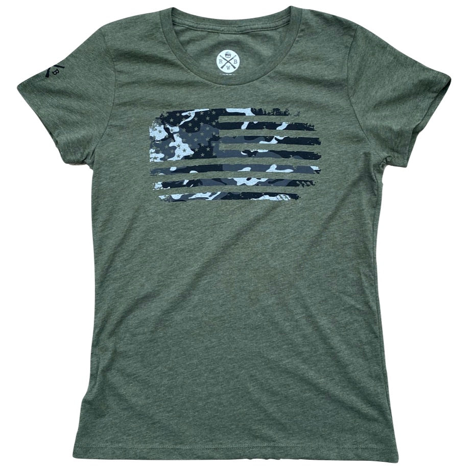 Women's Gray Camo American Flag T-Shirt (Army)