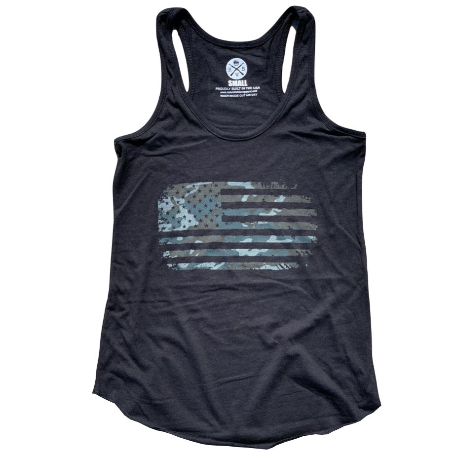 Women's Camo American Flag Racerback Tank Top black