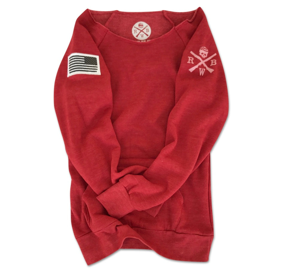 Women's American Flag Patch Pullover Off The Shoulder Sweatshirt (Heather Red)