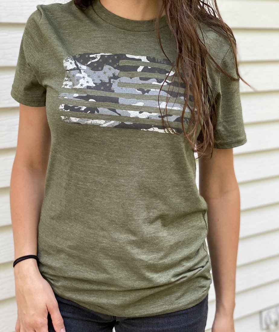 Women's Gray Camo American Flag T-Shirt (Army)