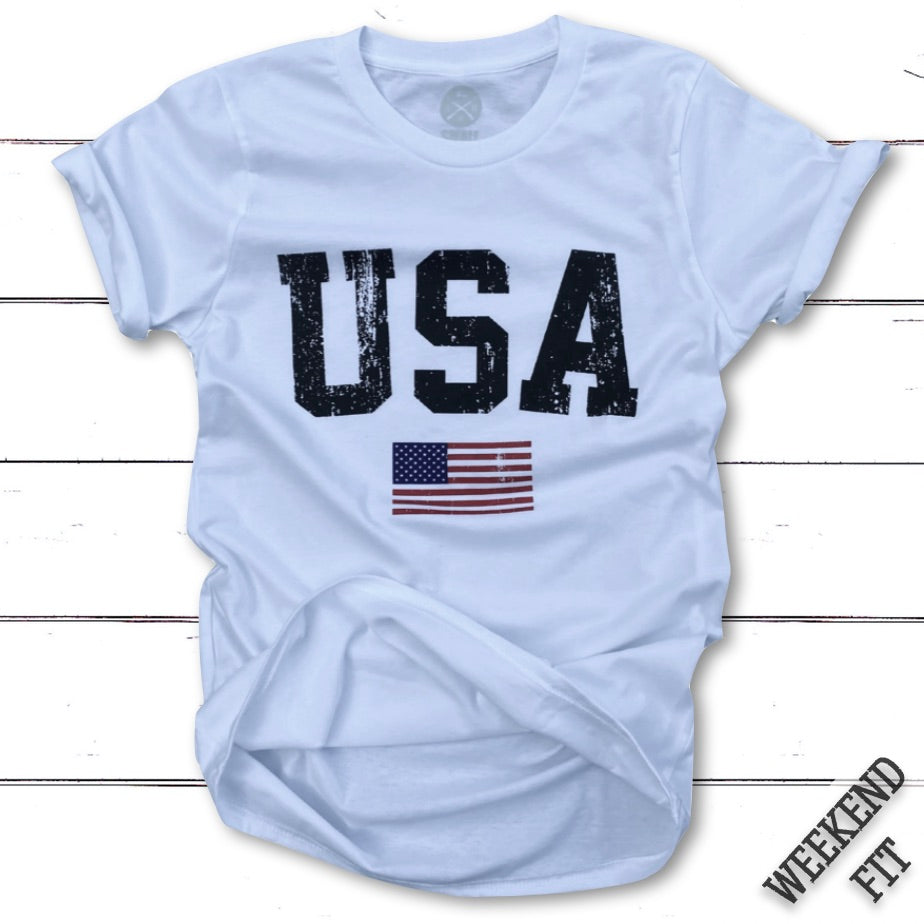 Women's USA Patriotic Weekend Fit American Flag T Shirt