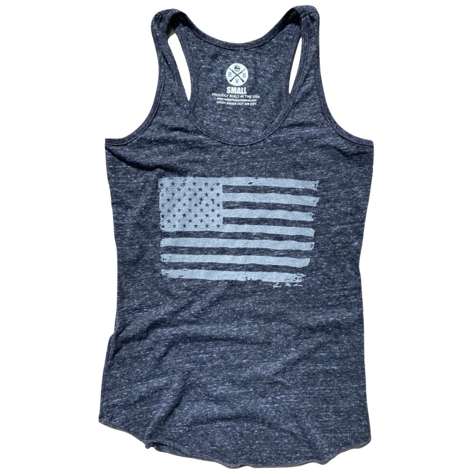 Women's American Flag Racerback Tank Top (Heather Black)