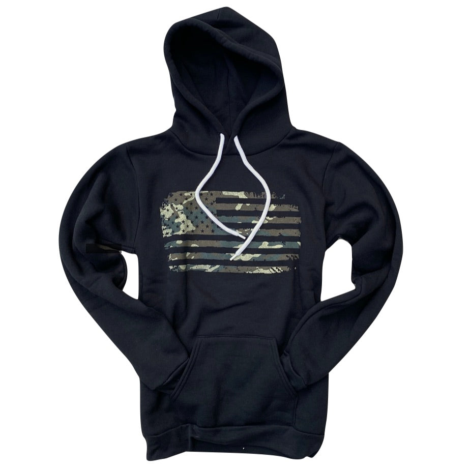 Women's Camo American Flag Pullover Hooded Sweatshirt (Black)