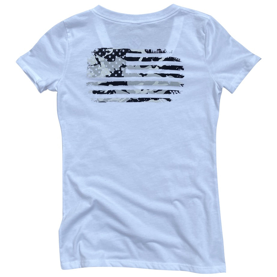 Women's Gray Camo American Flag Patriotic V-Neck T Shirt (White)