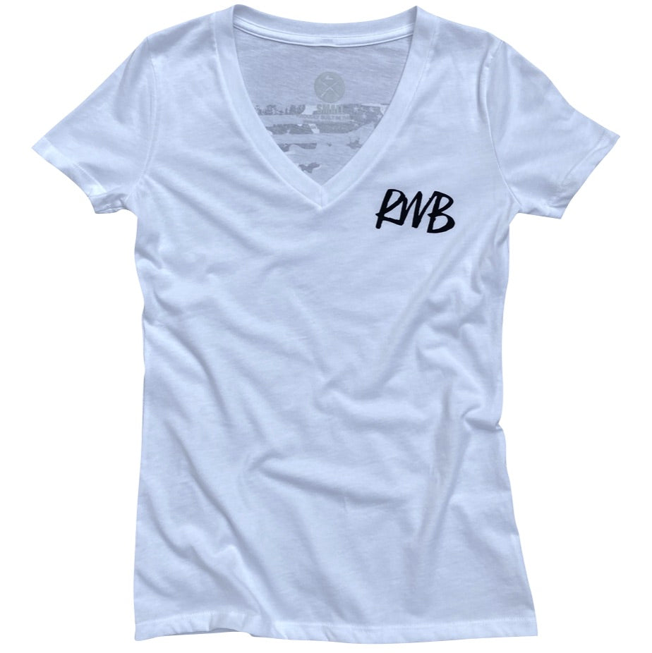 Women's Gray Camo American Flag Patriotic V-Neck T Shirt (White)